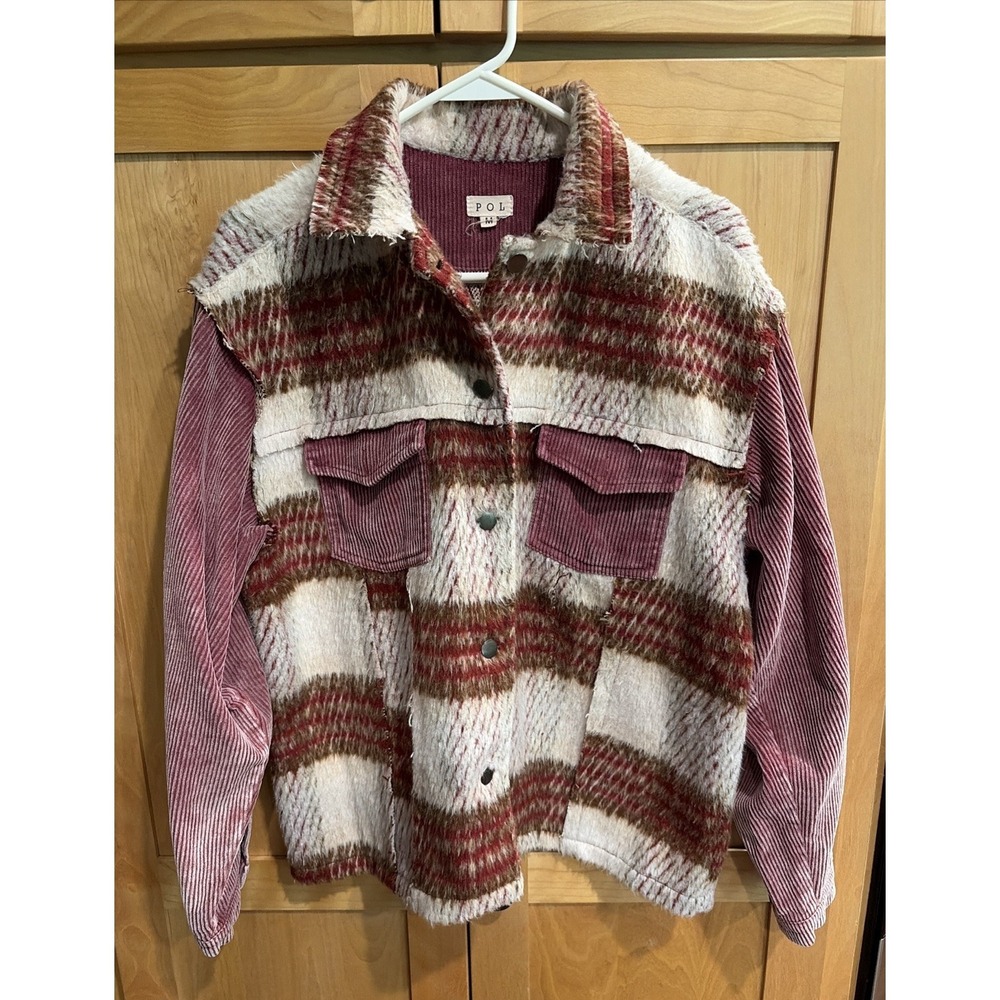 POL Mixed Media Cordoroy/Faux Fur Oversized Shacket - Sz M - Rustic, Western